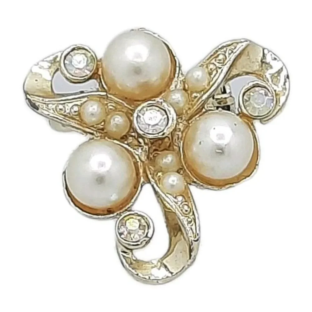 Vintage 1950s Gold-Toned Swirl Brooch Pin with Faux Pearls and Rhinestones